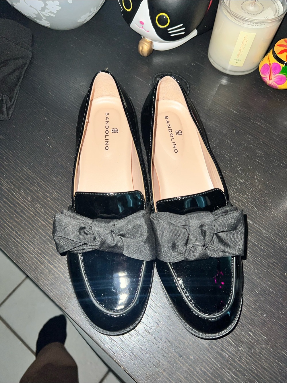 Bandolino Black Patent Loafers with Fabric Bow